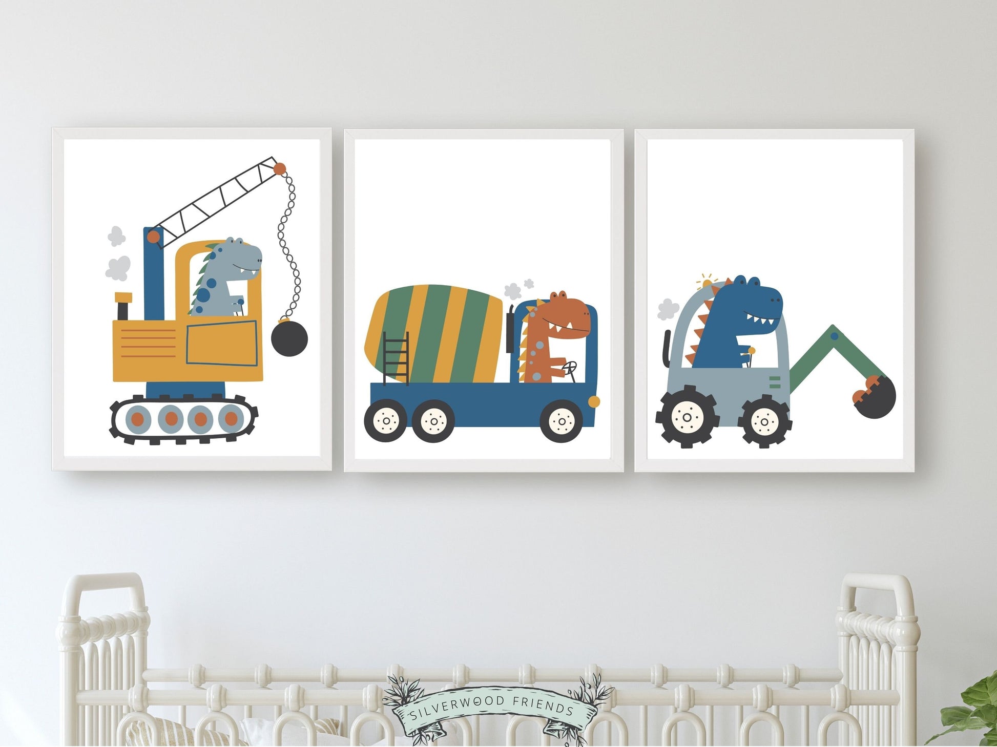 Our delightful Baby Boys Dinosaur Theme Nursery Print Set of 3 features dinosaurs on wheels - the perfect addition to any dinosaur lovers baby boy's nursery decor! Each print showcases a different prehistoric creature driving a different type of digger truck and is perfect for your dinosaur theme nursery or transport theme nursery.