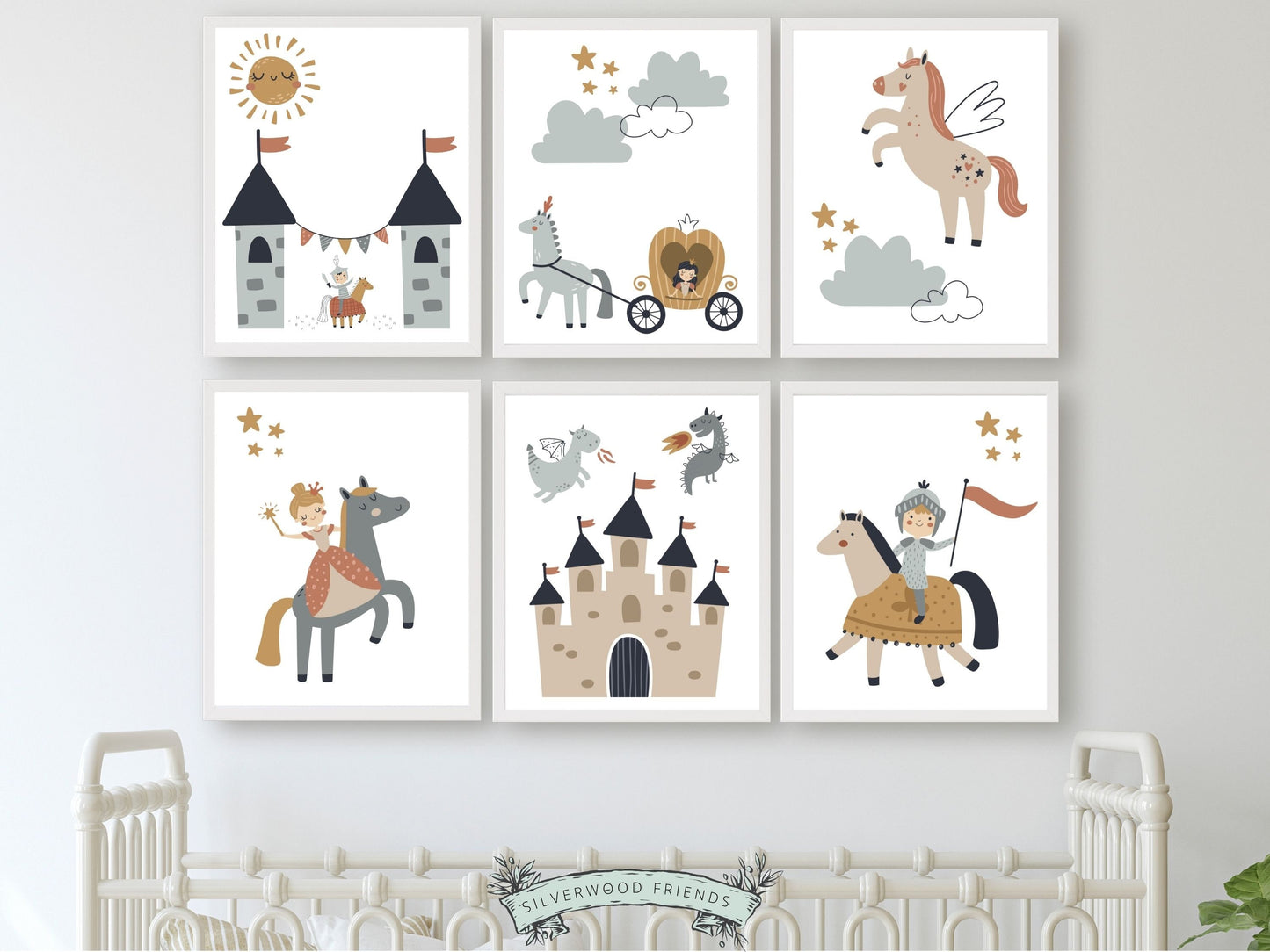 Let your child's imagination take flight into a whimsical world of enchantment with this delightful Set of 6 Fairytale Nursery Prints. Featuring charming illustrations of a prince and princess riding horses, a princess carriage and fairytale castle. These gender neutral fairytale nursery prints will add a touch of magic and wonder to your baby's nursery decor.