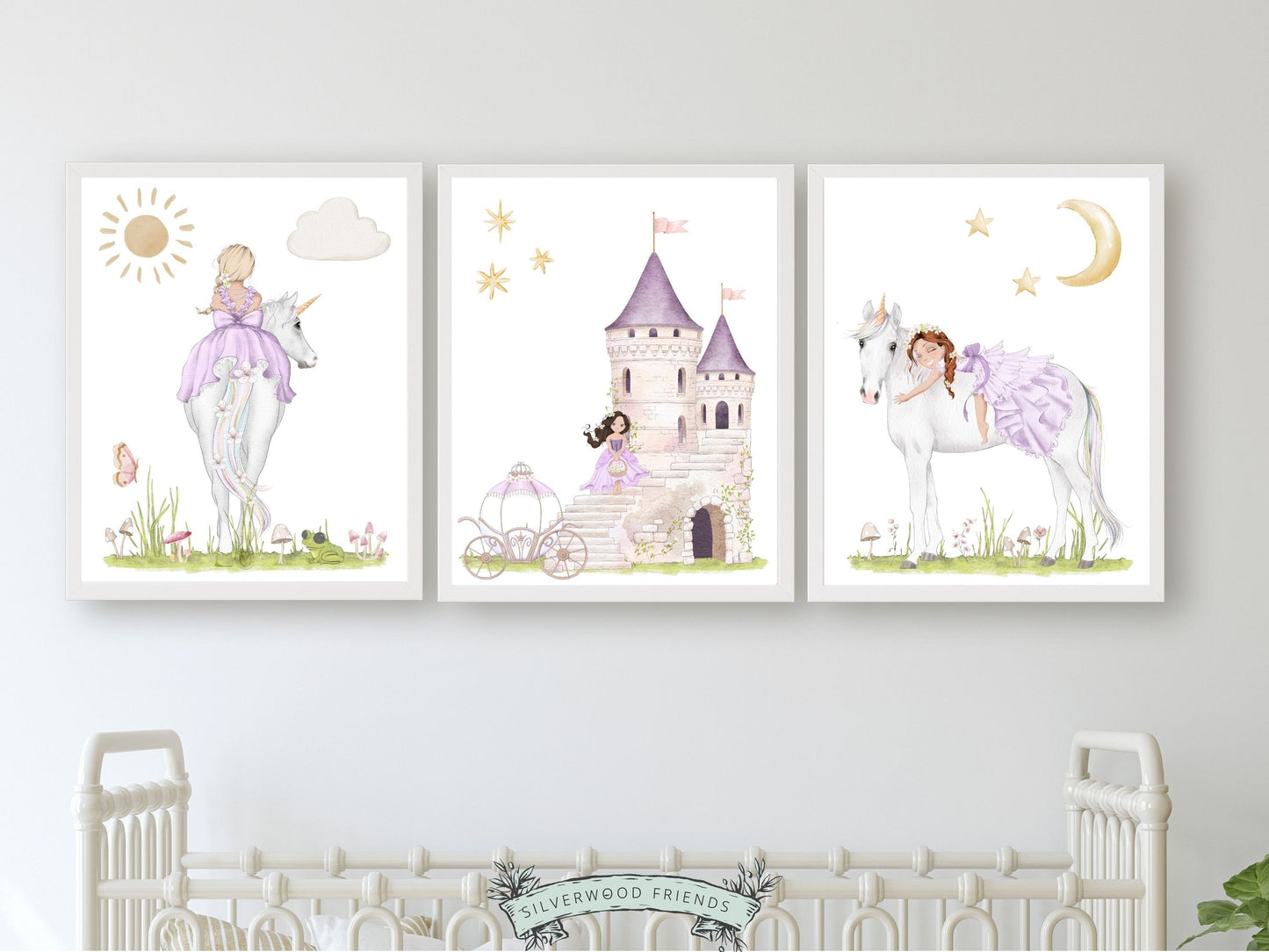 Our Set of 3 Purple Princess Unicorn Nursery Prints features charming illustrations of unicorns, princesses, a magical castle surrounded by sun, moon, stars and fluffy clouds. These nursery prints will add a touch of magic and wonder to your baby girl's nursery and are perfect for your fairytale nursery decor.