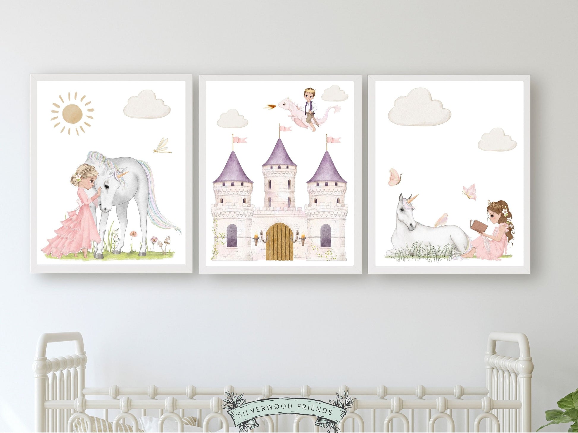 Our Set of 3 Princess Unicorn Nursery Prints features charming illustrations of unicorns, princesses, a magical castle surrounded by sun, moon, stars and fluffy clouds. and a price riding a dragon. These nursery prints will add a touch of magic and wonder to your baby girl's nursery and are perfect for your fairytale nursery decor.