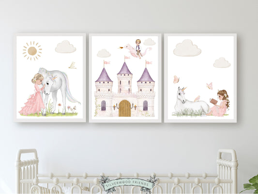 Our Set of 3 Princess Unicorn Nursery Prints features charming illustrations of unicorns, princesses, a magical castle surrounded by sun, moon, stars and fluffy clouds. and a price riding a dragon. These nursery prints will add a touch of magic and wonder to your baby girl's nursery and are perfect for your fairytale nursery decor.