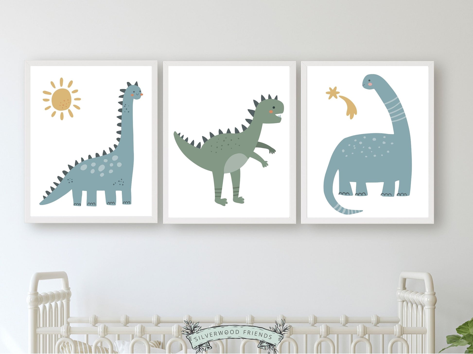 Our Dinosaur Nursery Prints Set of 3 features delightful dinosaurs with celestial elements including the sun and a shooting star - the perfect addition to any dinosaur lovers nursery decor! Each print showcases a different prehistoric creature in a calming colour scheme, and is perfect for your dinosaur nursery decor.