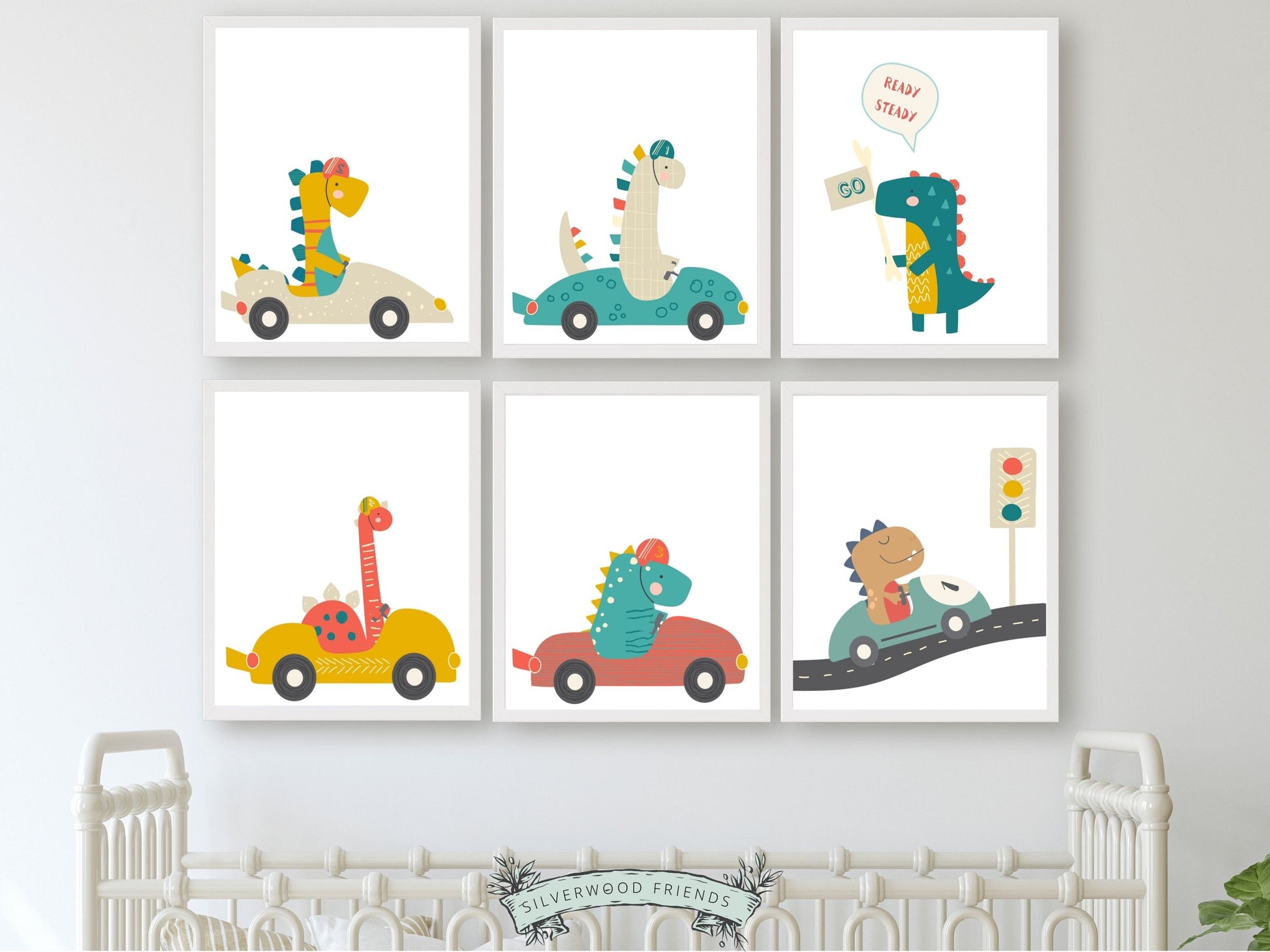 Our Set of 6 Dinosaurs Driving Cars Nursery Prints features dinosaurs on wheels - the perfect addition to any dinosaur lovers baby boy's nursery decor! Each print showcases a different prehistoric creature driving a different type of racing car and is perfect for your dinosaur theme nursery or transport theme nursery.