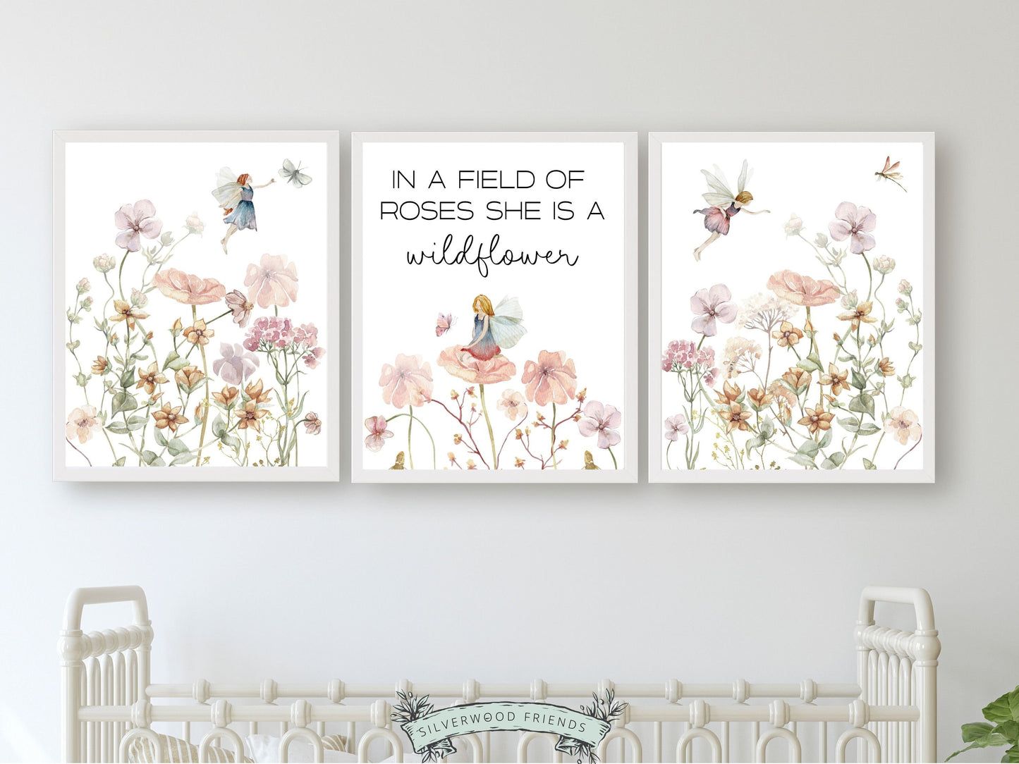 Our gorgeous Wildflower Nursery Print Set with watercolour wildflower meadow flowers, fairies and quote "In a field of roses she is a wildflower" is perfect for your wildflower nursery or fairy nursery decor and also makes a unique baby shower gift.