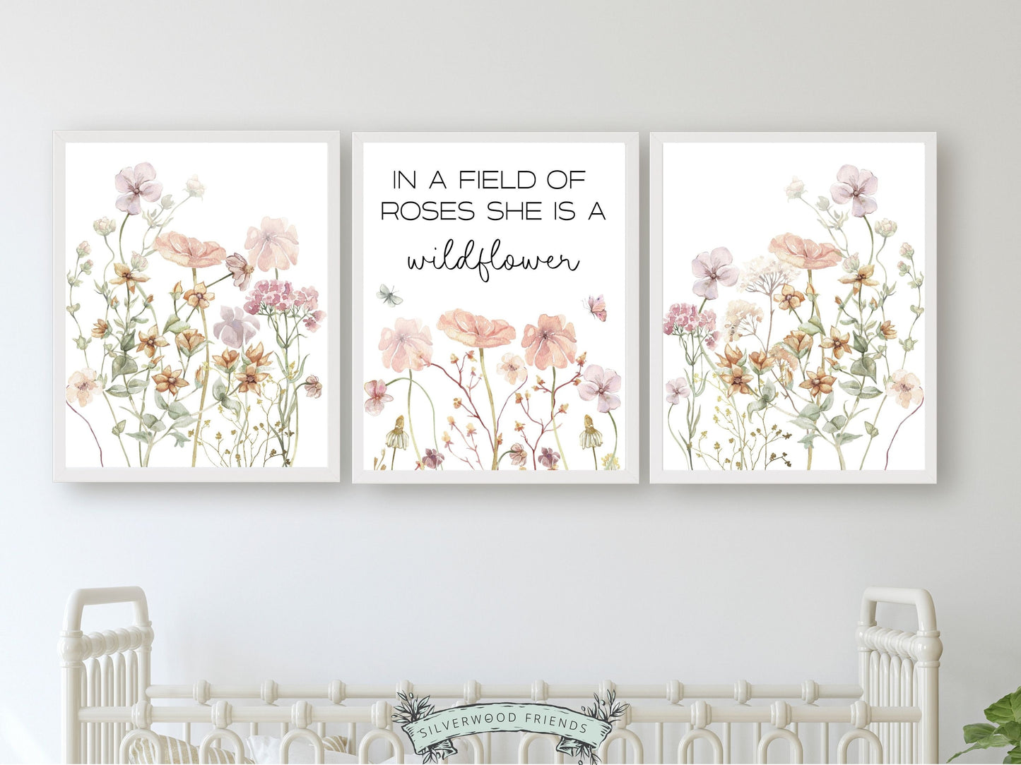 Our gorgeous Wildflower Nursery Print Set with watercolour wildflowers, butterfly's and quote "In a field of roses she is a wildflower" is perfect for your wildflower nursery decor and also makes a unique boho baby shower gift.