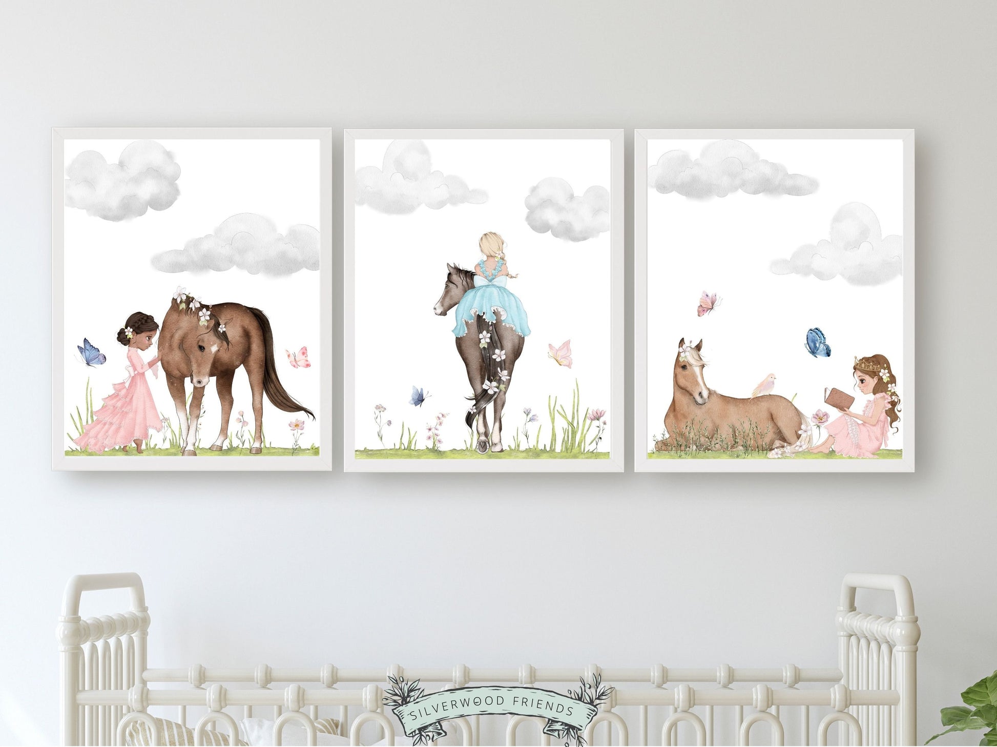 Transform your baby girl's nursery into a whimsical wonderland with our Horse Nursery Prints Set of 3, featuring princesses and their horses with beautiful watercolour butterfly's and wildflowers. Ideal for horse-themed or princess-themed decor.