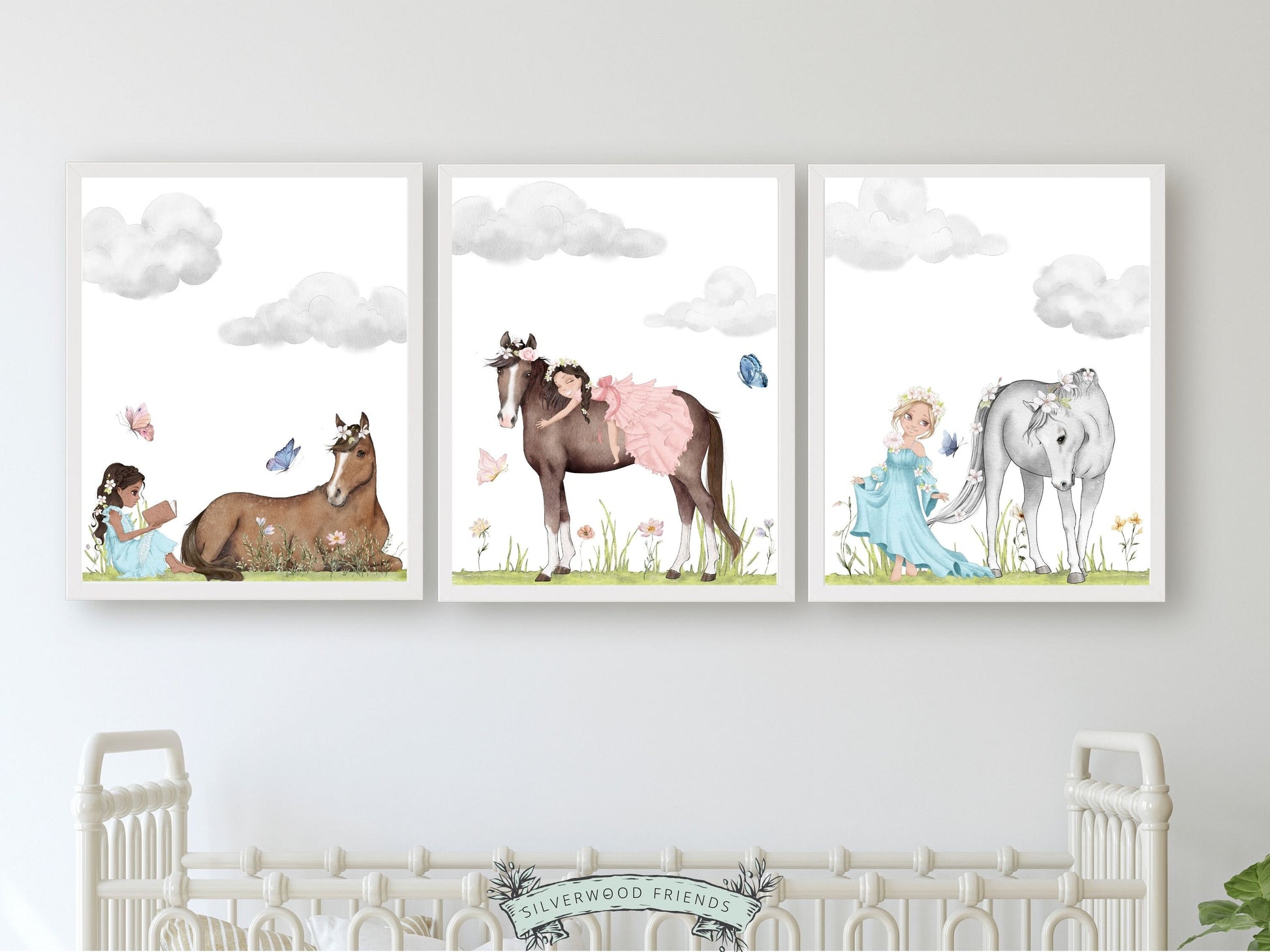 Transform your baby girl's nursery into a whimsical wonderland with this Set of 3 Horse Nursery Prints, featuring princesses with their horses with beautiful watercolour butterfly's and wildflowers. Ideal for your horse themed nursery or princess nursery decor.