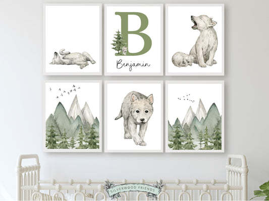 Create a personalised touch in your baby&#39;s nursery or gift a cherished keepsake with these gorgeous baby wolf custom name nursery prints. Perfect for your wolf nursery decor or baby woodland theme.