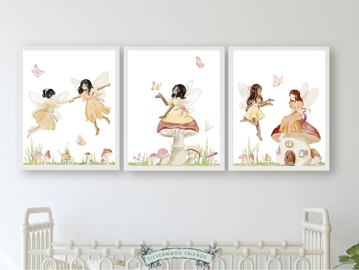 Our gorgeous Fairy Nursery Prints Set of 3with watercolour fairies and wildflower meadow flowers is perfect for your wildflower nursery decor or fairy theme nursery and also makes a lovely baby girl baby shower gift.