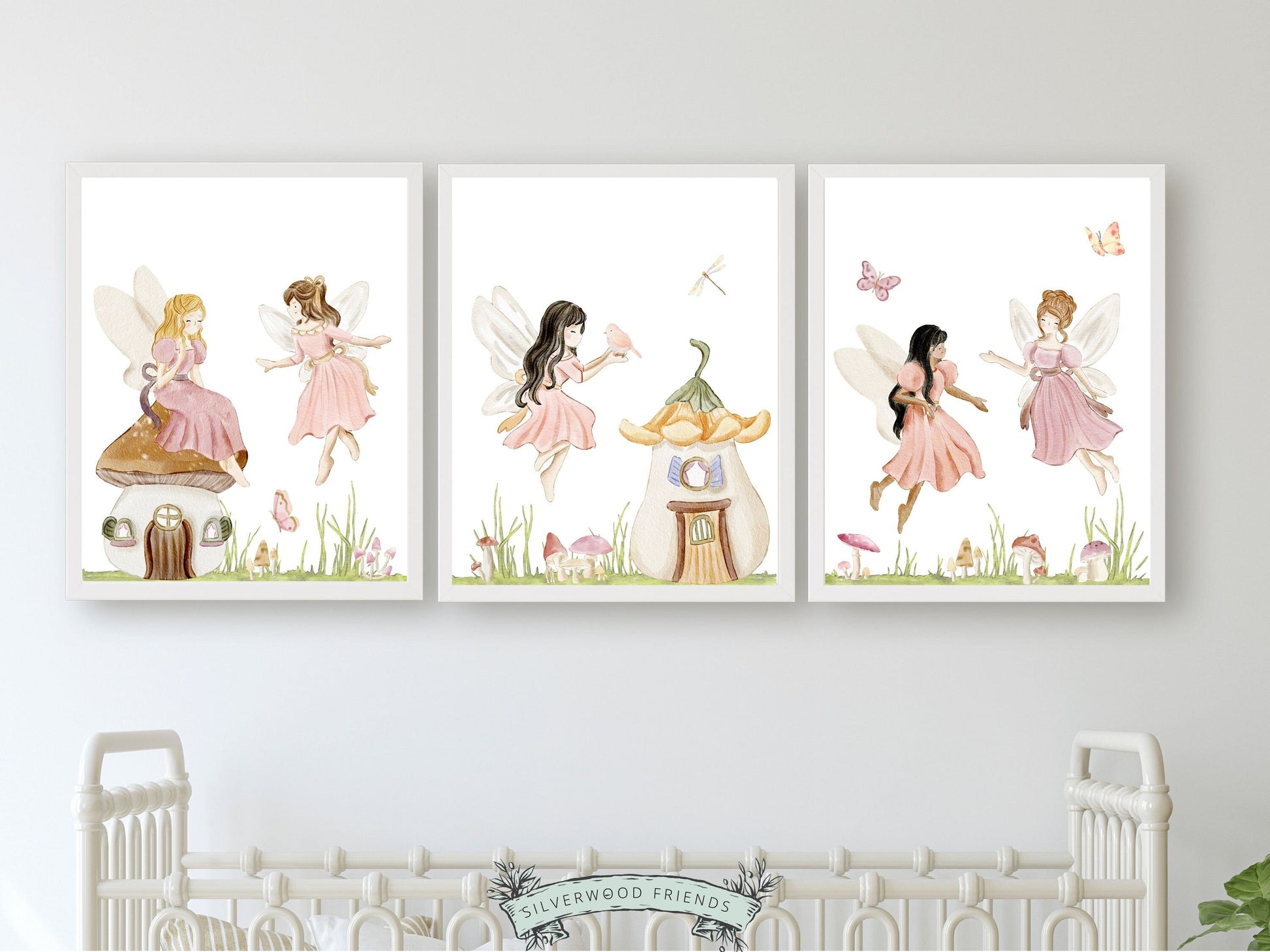 Our gorgeous Pin Fairy Nursery Prints with watercolour fairies, wildflower meadow flowers and butterflies is perfect for your wildflower nursery decor or fairy theme nursery and also makes a lovely baby girl baby shower gift.