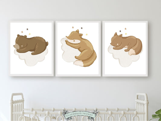 Our adorable Sleeping Animal Nursery Prints Set of 3 featuring gorgeous watercolour woodland animals are the perfect addition to your baby's woodland nursery decor or a gender neutral baby shower gift.