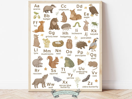 Learn the alphabet and update your woodland nursery decor with this beautifully illustrated Woodland Forest Alphabet Poster featuring gorgeous watercolour woodland animal and nature illustrations.