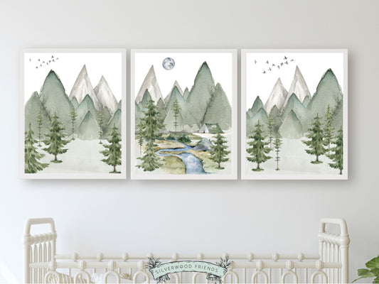 Transform your space into a serene mountain retreat with this enchanting Set of 3 Mountain Nursery Prints featuring a watercolour mountain and forest landscape, ideal for adding a touch of natural beauty to your mountain nursery or creating a captivating atmosphere in your living room or bedroom décor.