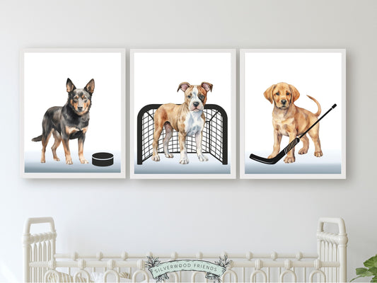 Elevate your sports nursery decor or hockey themed nursery room with this adorable Set of 3 Hockey Nursery Prints, featuring watercolour dogs including a Kelpie, Pitbull and Labrador, with hockey puck, goal and stick.