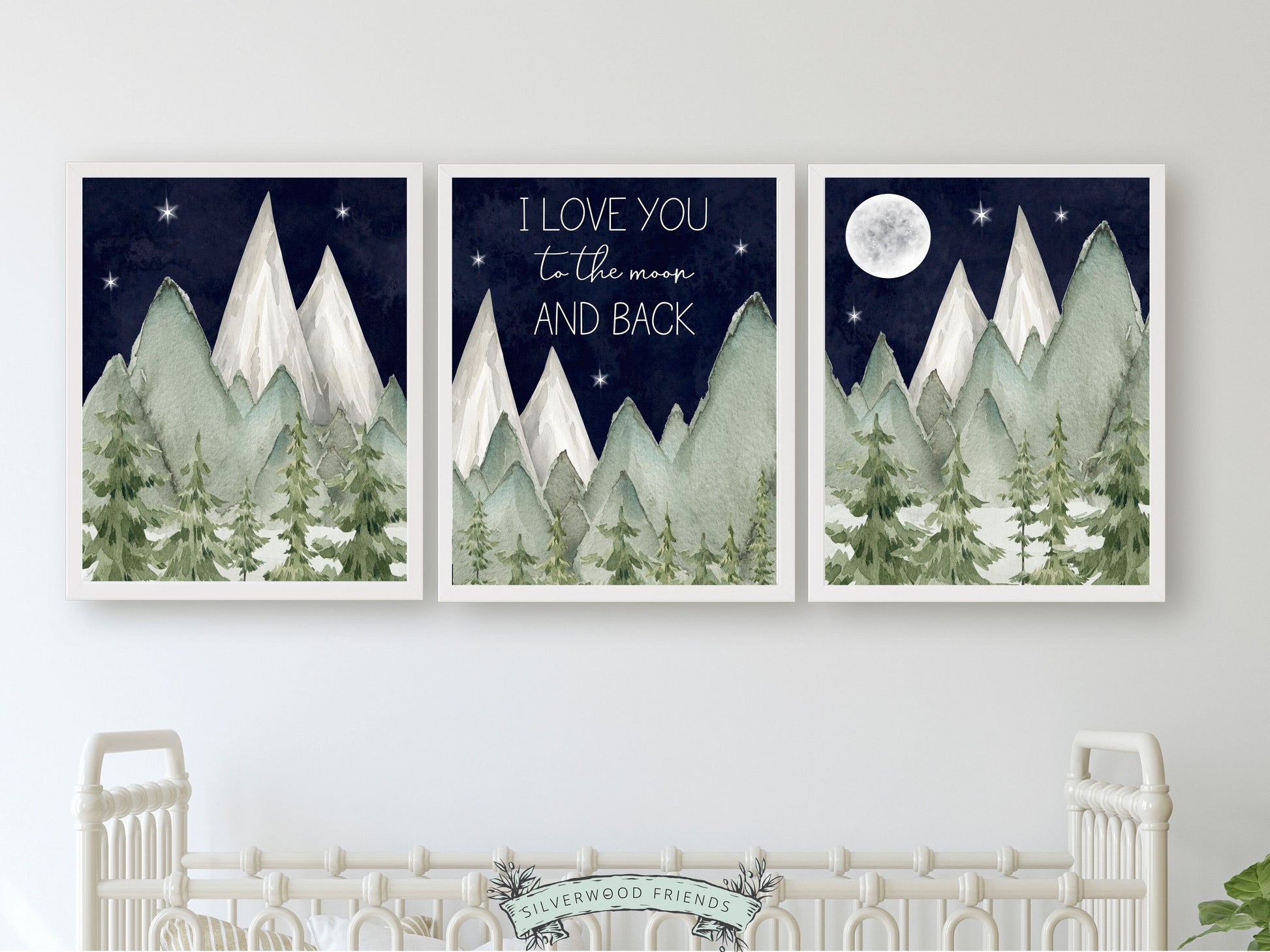 Create a calm and cosy space for your little one with our enchanting Moon Nursery Print Set of 3, featuring watercolour mountain and forest landscape with full moon and stars and the quote "I love you to the moon and back". Ideal for adding a touch of natural beauty to your mountain nursery or moon nursery decor.