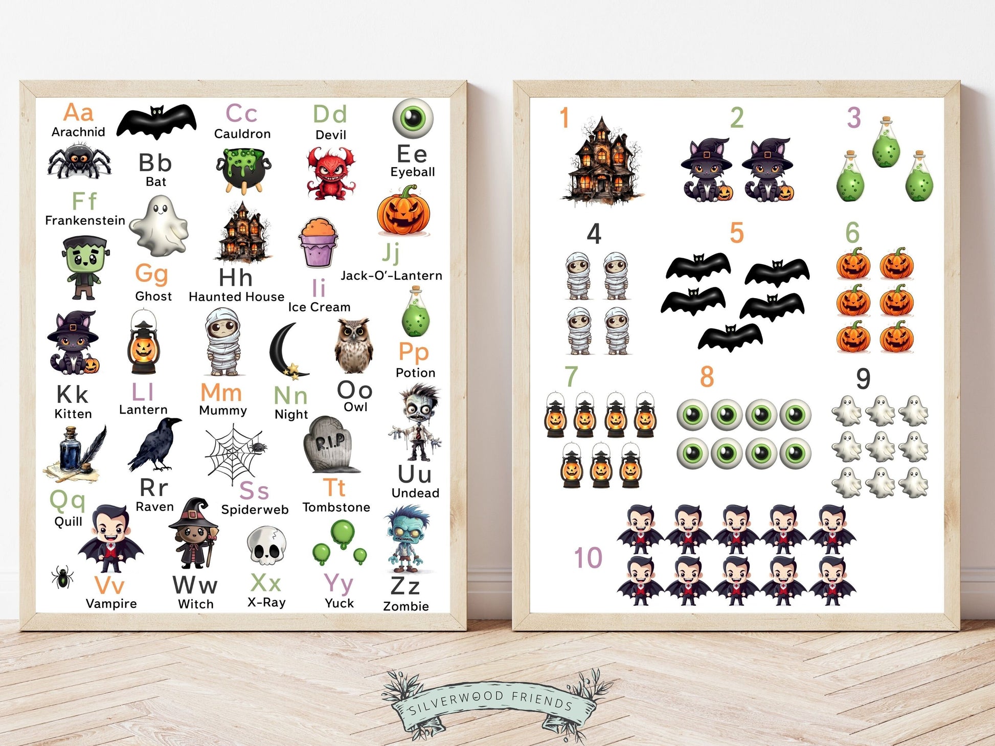 Our Halloween Alphabet and Number Posters are super spooky cute and will look boo-tiful in your nursery, playroom, bedroom or homeschool room. Your little one will love learning their letters and numbers with these colourful and playful posters.