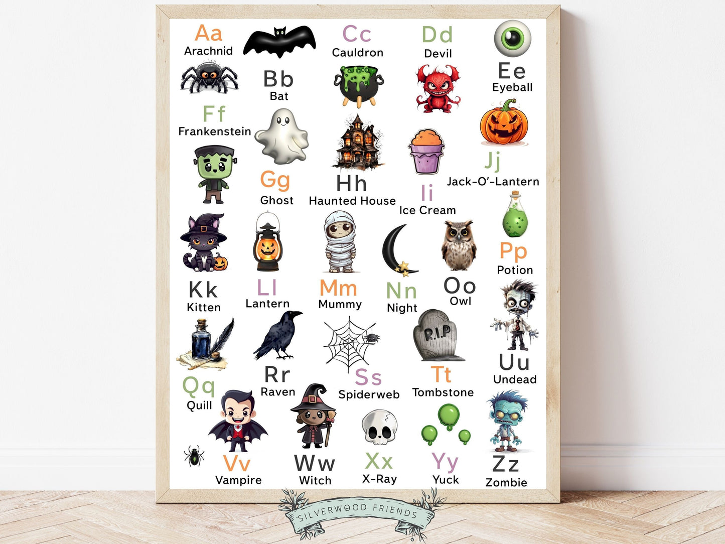 Our Halloween Alphabet Poster is super spooky cute and will look boo-tiful in your nursery, playroom, bedroom or homeschool room. Your little one will love learning their letters with this colourful and playful poster.