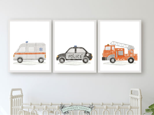 Rev up the cuteness factor in your nursery with our delightful Transport Nursery Prints Set of 3, featuring watercolour illustrations of a fire engine, police car, and ambulance. Perfect for your transport nursery decor or as a baby shower gift.