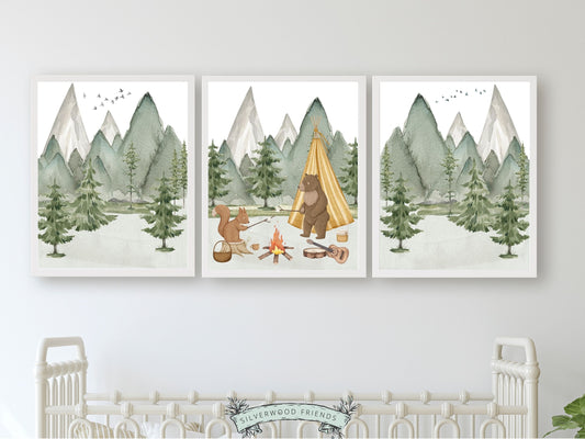 Our cute bear and squirrel camping nursery prints are the perfect addition to your baby's woodland nursery decor and also make a lovely woodland baby shower gift.