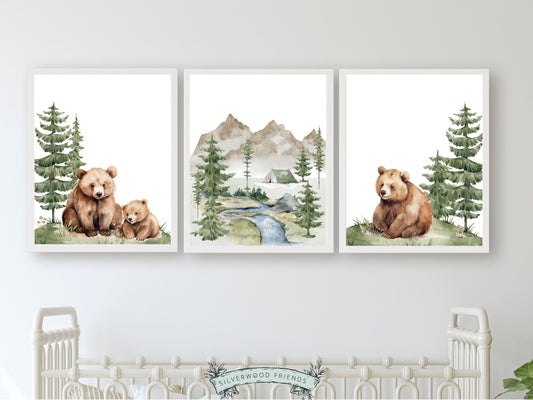 Our adorable Set of 3 Baby Bear Mountain Nursery Prints with watercolour brown bears and forest, mountain and river landscape, is the perfect addition to your baby's woodland nursery decor or nature themed nursery decor and makes a unique woodland baby shower gift.