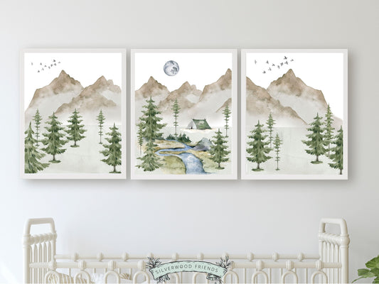 Transform your space into a serene mountain retreat with this enchanting Mountain Print Set of 3 featuring watercolour mountain and forest landscapes. Ideal for adding a touch of natural beauty to your mountain nursery or creating a captivating atmosphere in your home.