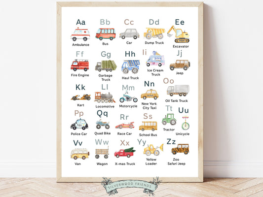 Discover the perfect addition to your boys nursery decor with our engaging Transport Alphabet Print. Featuring beautiful watercolour vehicles, it provides an engaging and educational experience for little learners and is perfect for your transport nursery decor or as a unique boys baby shower gift.