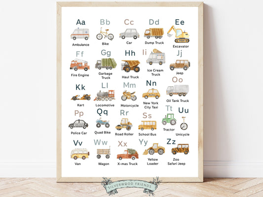 Discover the perfect addition to your boys nursery decor with our Transport Alphabet Poster. Featuring beautiful watercolour vehicles in a calming colour palette, it provides an engaging and educational experience for little learners.