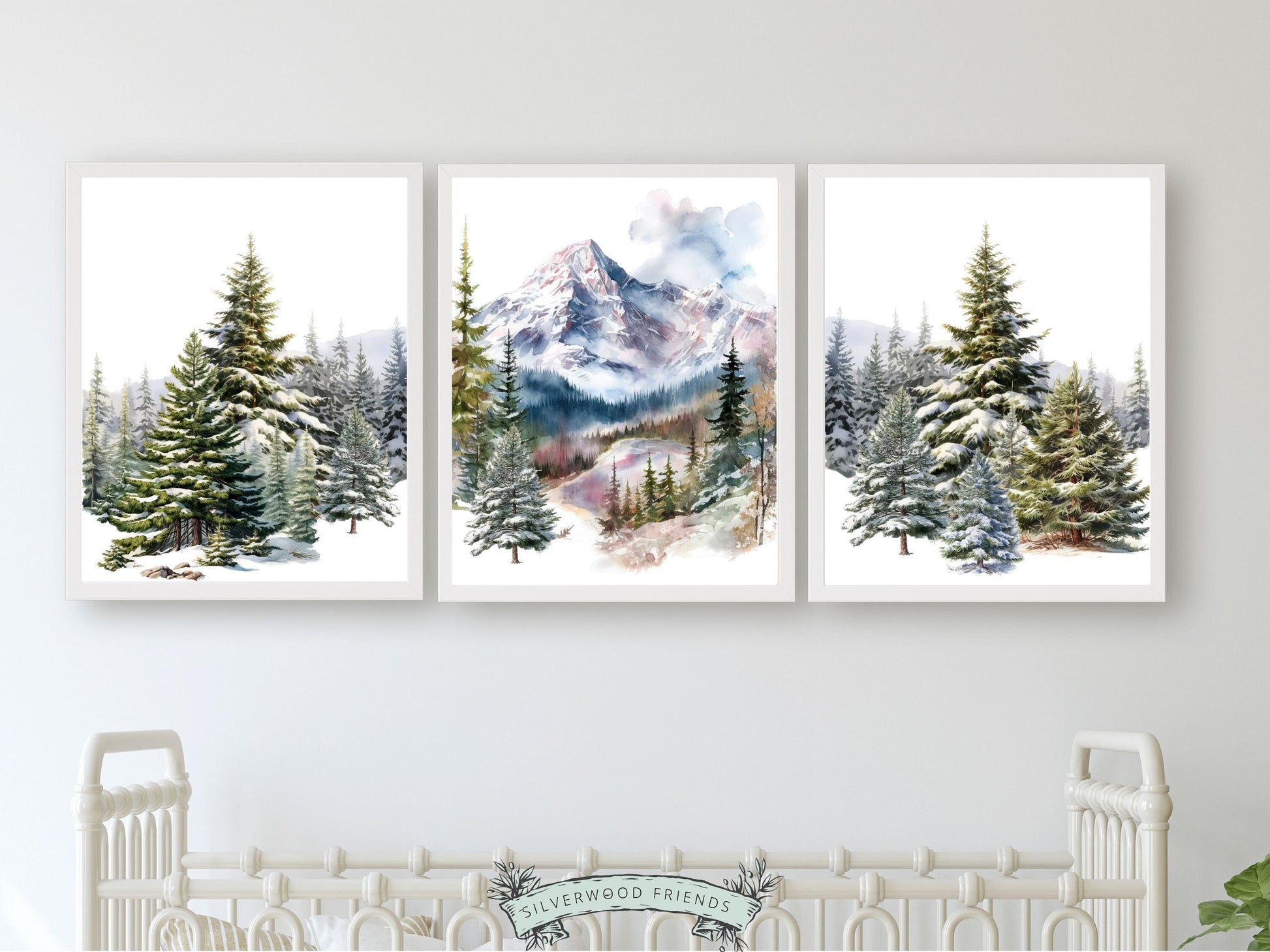 Transform your space into a serene mountain retreat with this enchanting Set of 3 Mountain Prints, featuring a winter forest and mountain landscape, ideal for adding a touch of natural beauty to your mountain nursery or home.