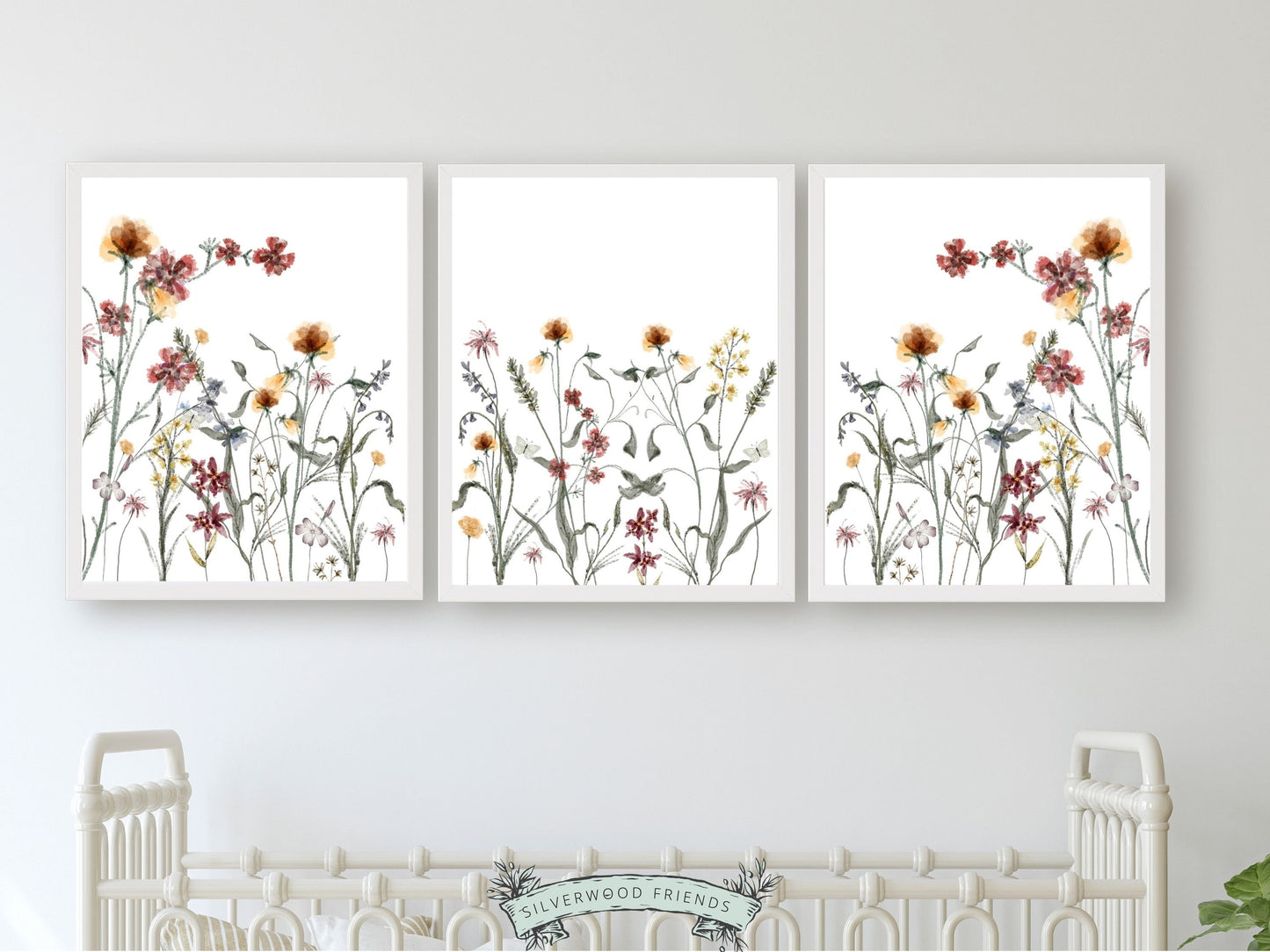 Our gorgeous wildflower nursery prints showcasing delicate watercolour wildflowers in a soothing colour palette, are perfect for your baby girls nursery decor or as a lovely baby girl baby shower gift.