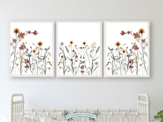 Our gorgeous wildflower nursery prints showcasing delicate watercolour wildflowers in a soothing colour palette, are perfect for your baby girls nursery decor or as a lovely baby girl baby shower gift.