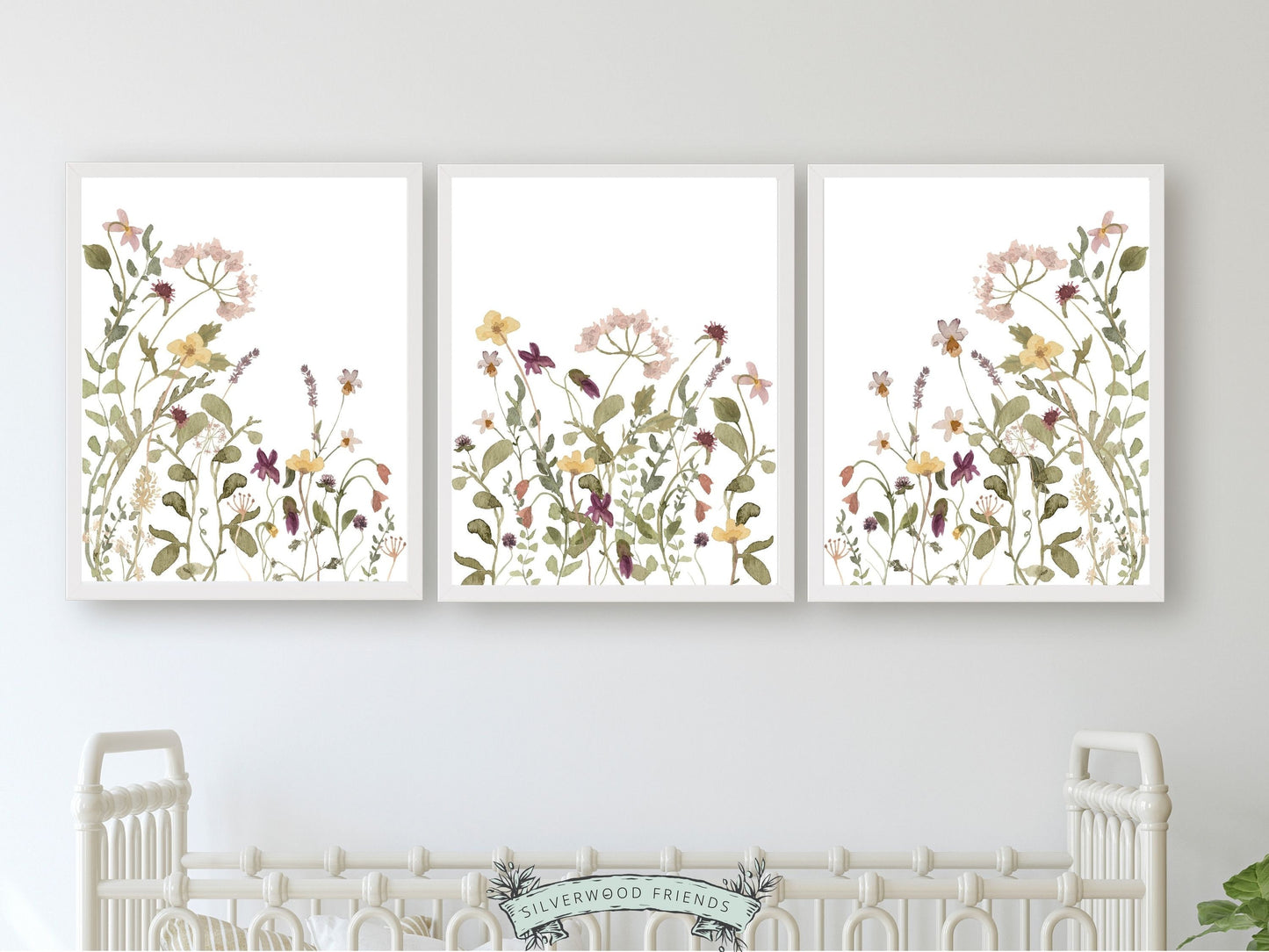 Our gorgeous Girls Floral Nursery Prints showcasing delicate watercolour wildflowers in a soothing green, pink and mauve colour palette, is perfect for your baby girls nursery decor or as a lovely floral baby shower gift.