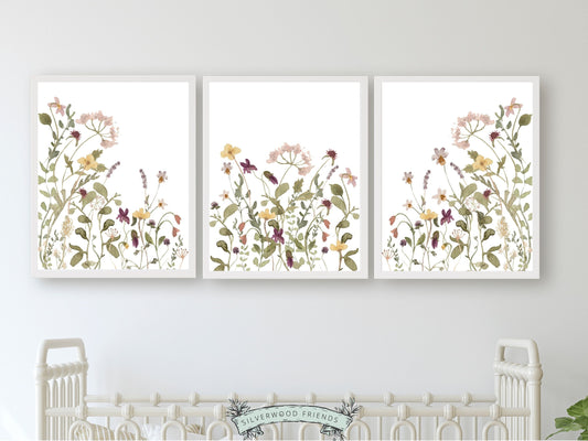 Our gorgeous Girls Floral Nursery Prints showcasing delicate watercolour wildflowers in a soothing green, pink and mauve colour palette, is perfect for your baby girls nursery decor or as a lovely floral baby shower gift.