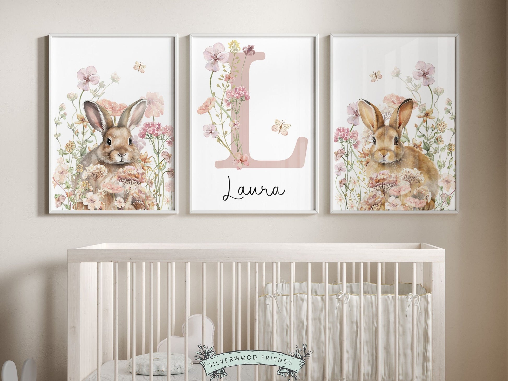 Our gorgeous Bunny Nursery Prints with watercolor bunny rabbits, wildflower meadow flowers and butterfly’s, is perfect as a custom nursery name print for your new baby or as a unique baby shower gift.