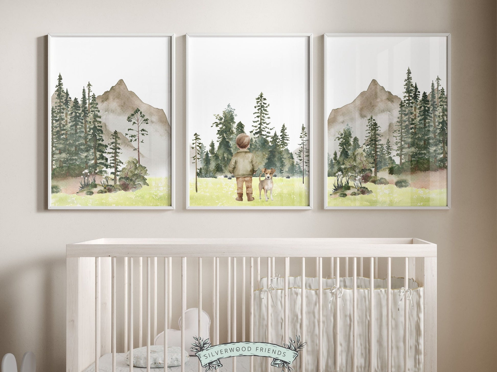 Our adorable Camping Nursery Prints featuring watercolor woodland forest and mountain landscape with a boy and his dog, is the perfect addition to your babys woodland nursery decor and also makes a unique baby shower gift.