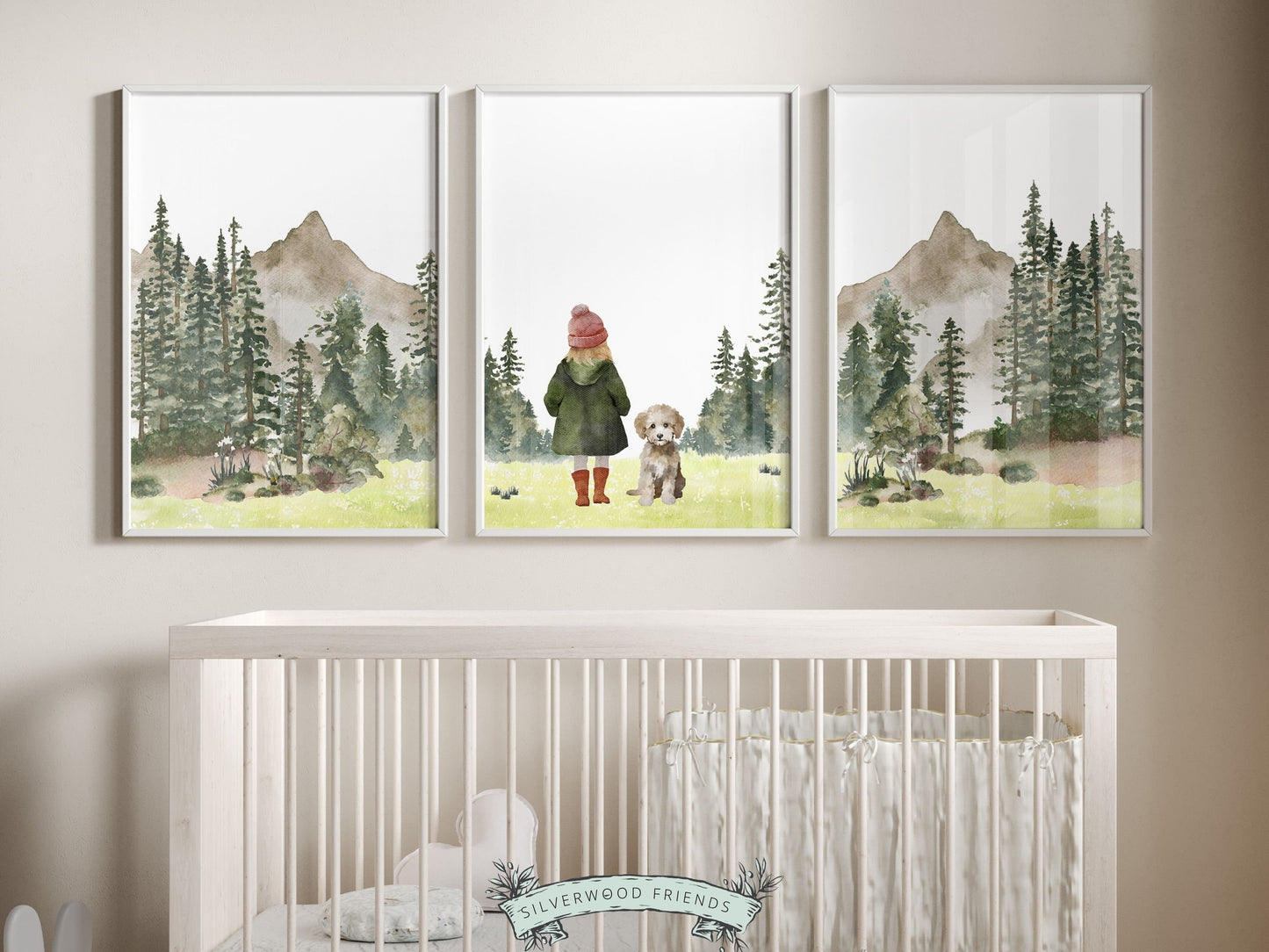 Our adorable Hiking Nursery Prints featuring watercolor woodland forest and mountain landscape with a girl and her dog, is the perfect addition to your babys woodland nursery decor and also makes a unique baby shower gift.