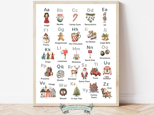 Transform your nursery or classroom into a festive wonderland with our enchanting Christmas Alphabet Prints. Adorned with delightful holiday illustrations, this print creates a festive atmosphere and educational experience for little learners.