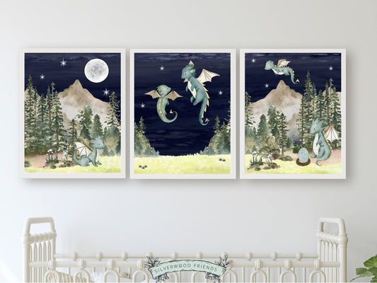 Our Set of 3 Baby Dragon Nursery Prints featuring watercolour baby dragons playing in a woodland forest under the night sky and full moon, will spark their imagination and create a calm and cosy atmosphere. It's perfect for your dragon nursery decor or fantasy theme nursery and also makes a unique dragon baby shower gift.