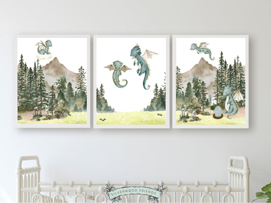 Our Set of 3 Baby Dragon Nursery Prints featuring watercolour baby dragons playing in a woodland forest, will spark their imagination and create a calm and cosy atmosphere. It's perfect for your dragon nursery decor or fantasy theme nursery and also makes a unique dragon baby shower gift.