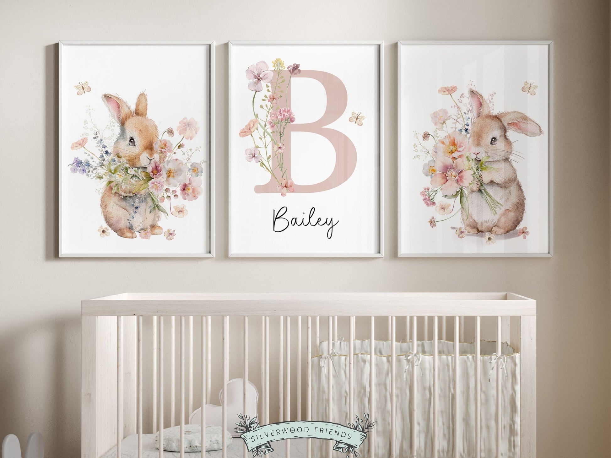 Our gorgeous custom Bunny Nursery Prints with watercolor bunny rabbits, wildflowers and butterflys, are perfect as a custom nursery print set for your new baby or as a unique baby shower gift.