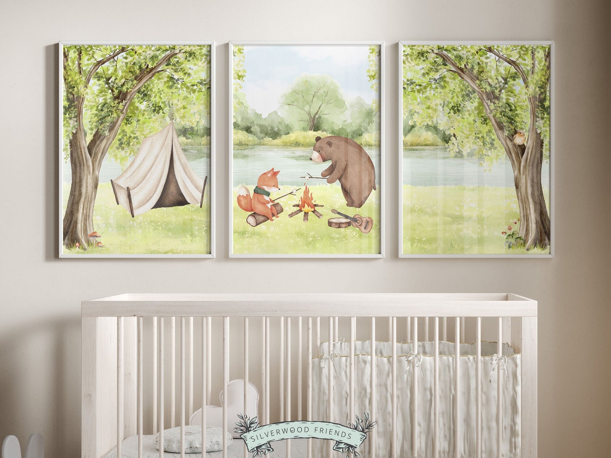 Our adorable Camping Nursery Prints featuring a bear and fox sitting fireside while camping beside a river, are the perfect addition to your babys woodland nursery decor and also make a lovely woodland baby shower gift.