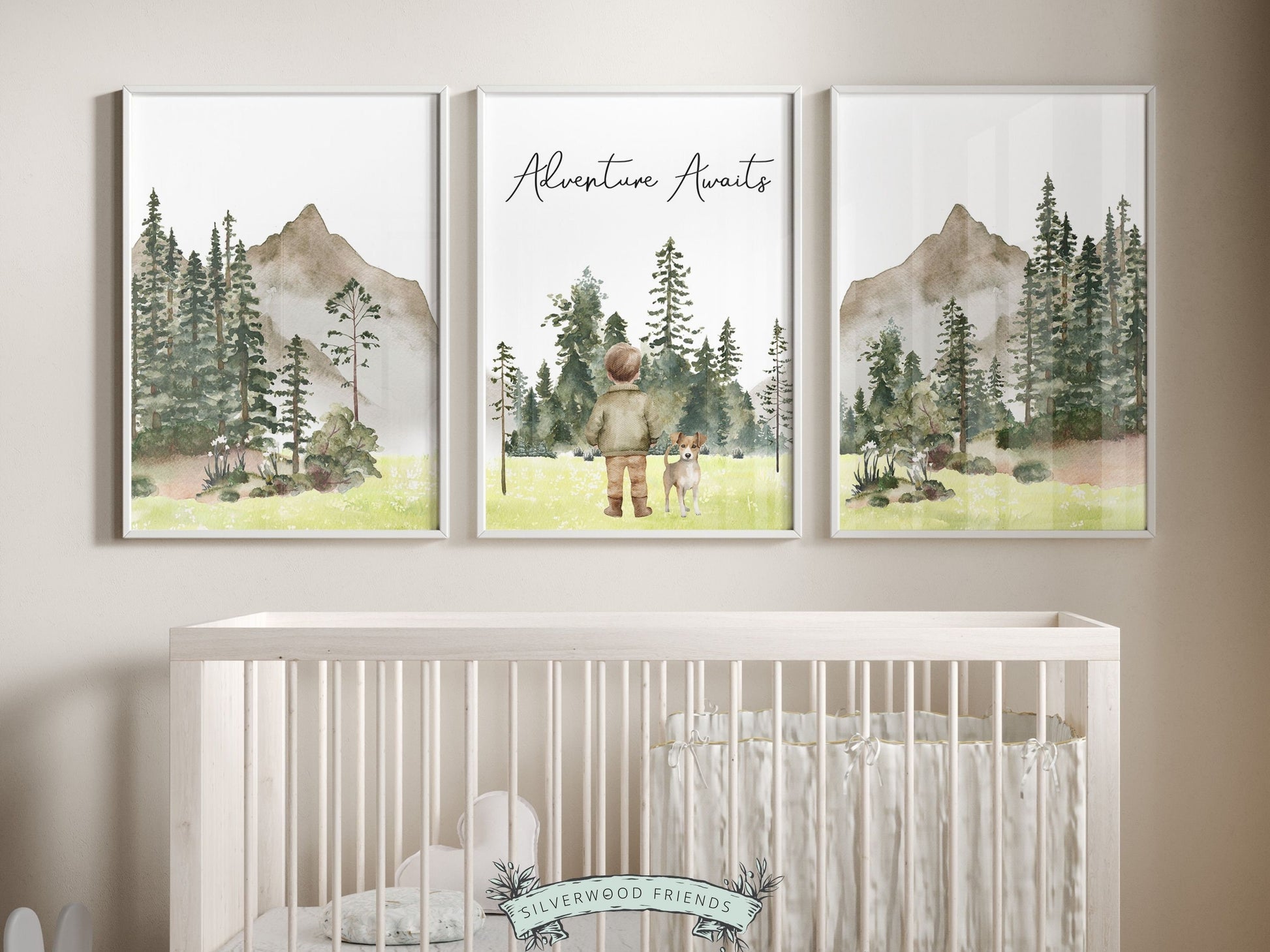 Our adorable Camping Nursery Prints featuring watercolor woodland forest and mountain landscape with a boy and his dog setting out on an adventure, is the perfect addition to your babys woodland nursery decor and also make a unique baby shower gift.