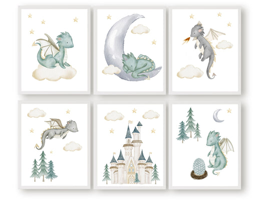 Our Dragon Nursery Prints Set of 6 featuring watercolour baby dragons, will spark their imagination and create a calm and cosy atmosphere. It's perfect for your dragon nursery decor or fantasy theme nursery and also makes a unique dragon baby shower gift.