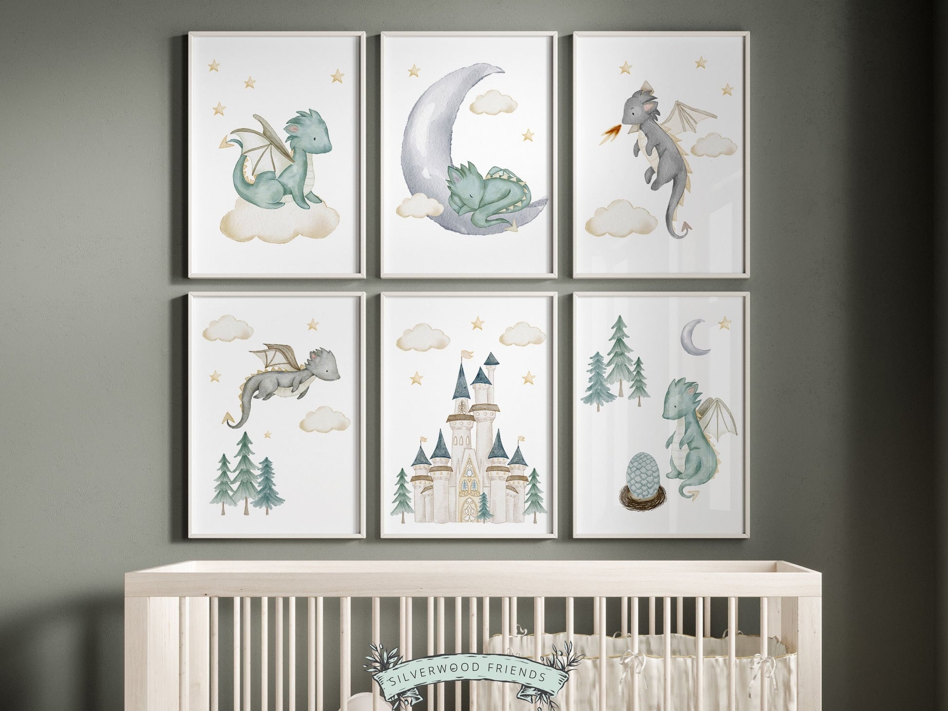 Set of 6 Baby Dragon Nursery Prints, Dragon Nursery Decor, Dragon Nursery Wall Art, Dragon Baby Shower, Fantasy Nursery Decor Digital Prints