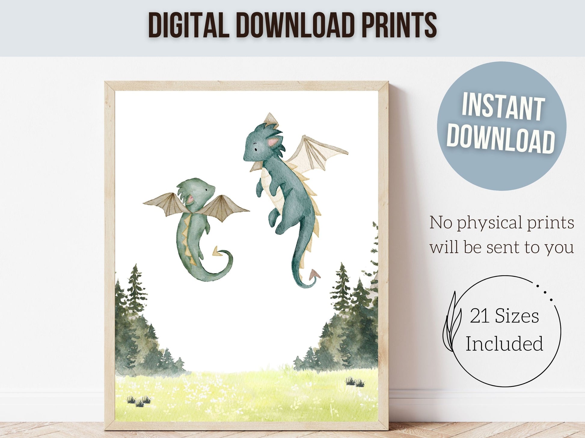 Baby Dragon Nursery Prints, Dragon Nursery Decor, Dragon Nursery Wall Art, Dragon Baby Shower, Woodland Forest Nursery Decor Digital Prints