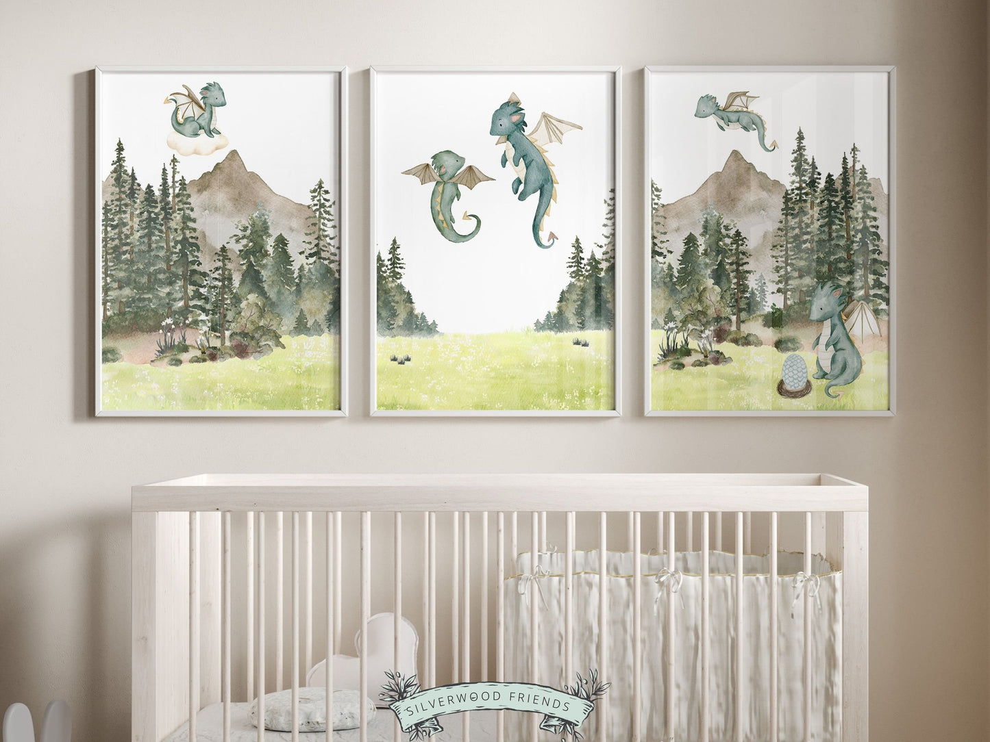 Our Set of 3 Baby Dragon Nursery Prints featuring watercolor baby dragons playing in a woodland forest, will spark their imagination and create a calm and cosy atmosphere. Perfect for your dragon nursery decor and also as a dragon baby shower gift.