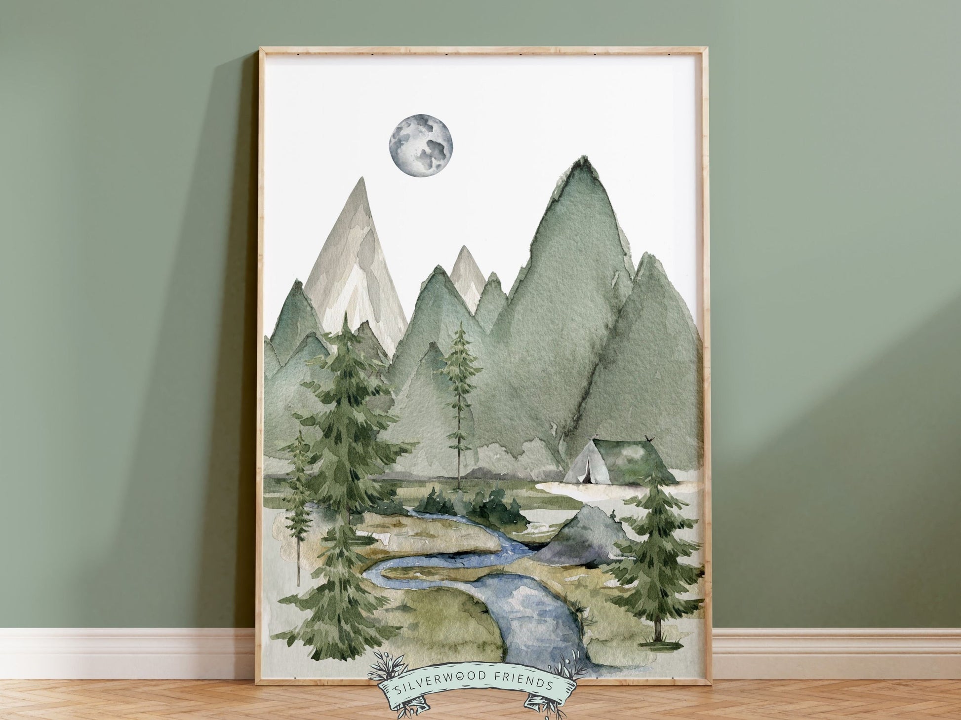 Set of 3 Mountain Print Set, Mountain Nursery Print, Green Woodland Forest Mountain Nursery Decor, Forest Nursery Digital Download Print