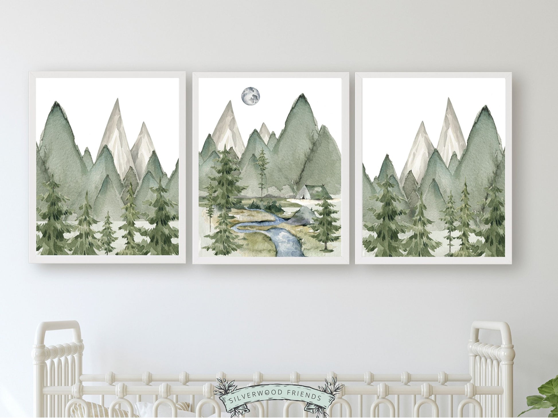 Set of 3 Mountain Print Set, Mountain Nursery Print, Green Woodland Forest Mountain Nursery Decor, Forest Nursery Digital Download Print