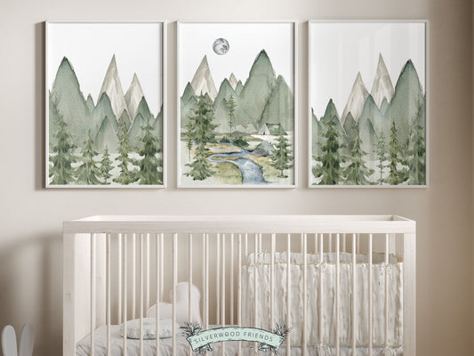 Set of 3 Mountain Print Set, featuring a watercolor woodland forest landscape and mountains. It&#39;s ideal for adding a touch of natural beauty to your mountain nursery or creating a captivating atmosphere in your home.