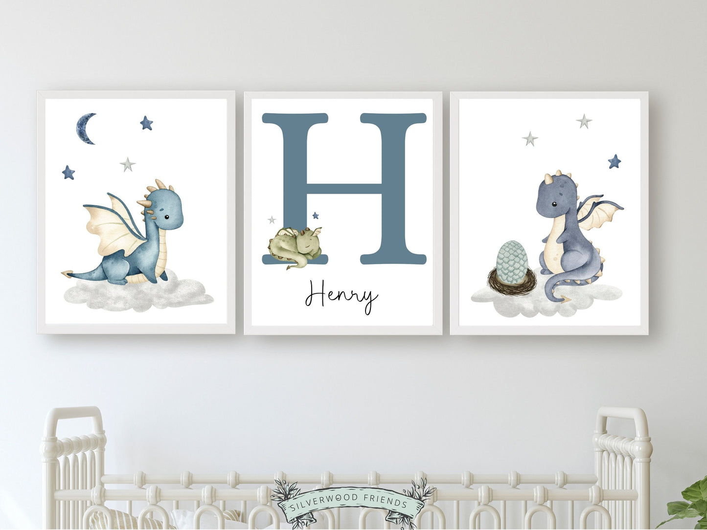 Our gorgeous Custom Baby Dragon Nursery Name Prints Set of 3 with watercolour dragons, clouds and stars, is perfect for your dragon nursery decor or fantasy theme nursery and also makes a unique gender neutral baby shower gift.