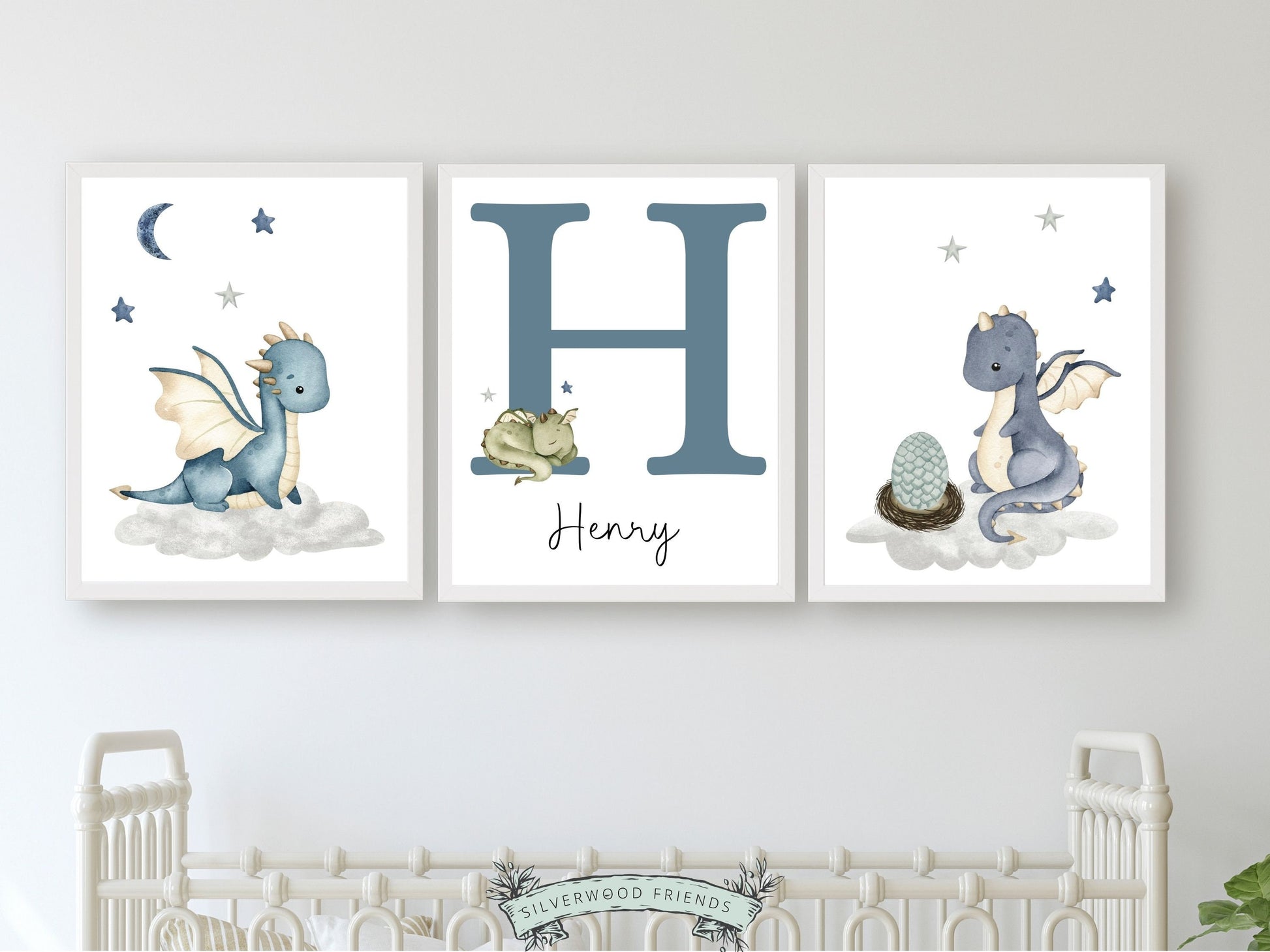 Our gorgeous Custom Baby Dragon Nursery Name Prints Set of 3 with watercolour dragons, clouds and stars, is perfect for your dragon nursery decor or fantasy theme nursery and also makes a unique gender neutral baby shower gift.